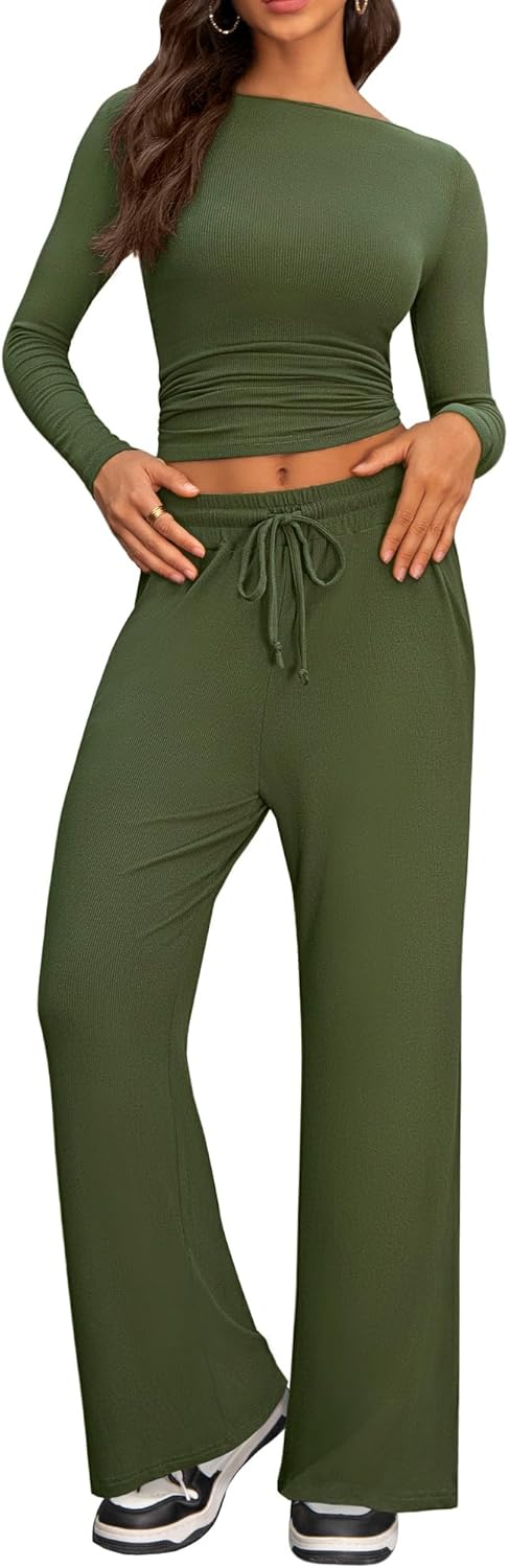 Cozy 2 Piece Lounge Sets for Women, Side Ruched Long Sleeve Top & Wide Leg Pants Casual Matching Tracksuit for Home & Travel