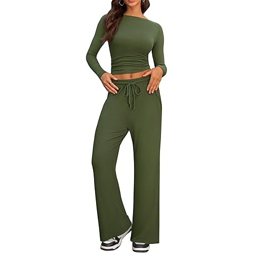 Cozy 2 Piece Lounge Sets for Women, Side Ruched Long Sleeve Top & Wide Leg Pants Casual Matching Tracksuit for Home & Travel