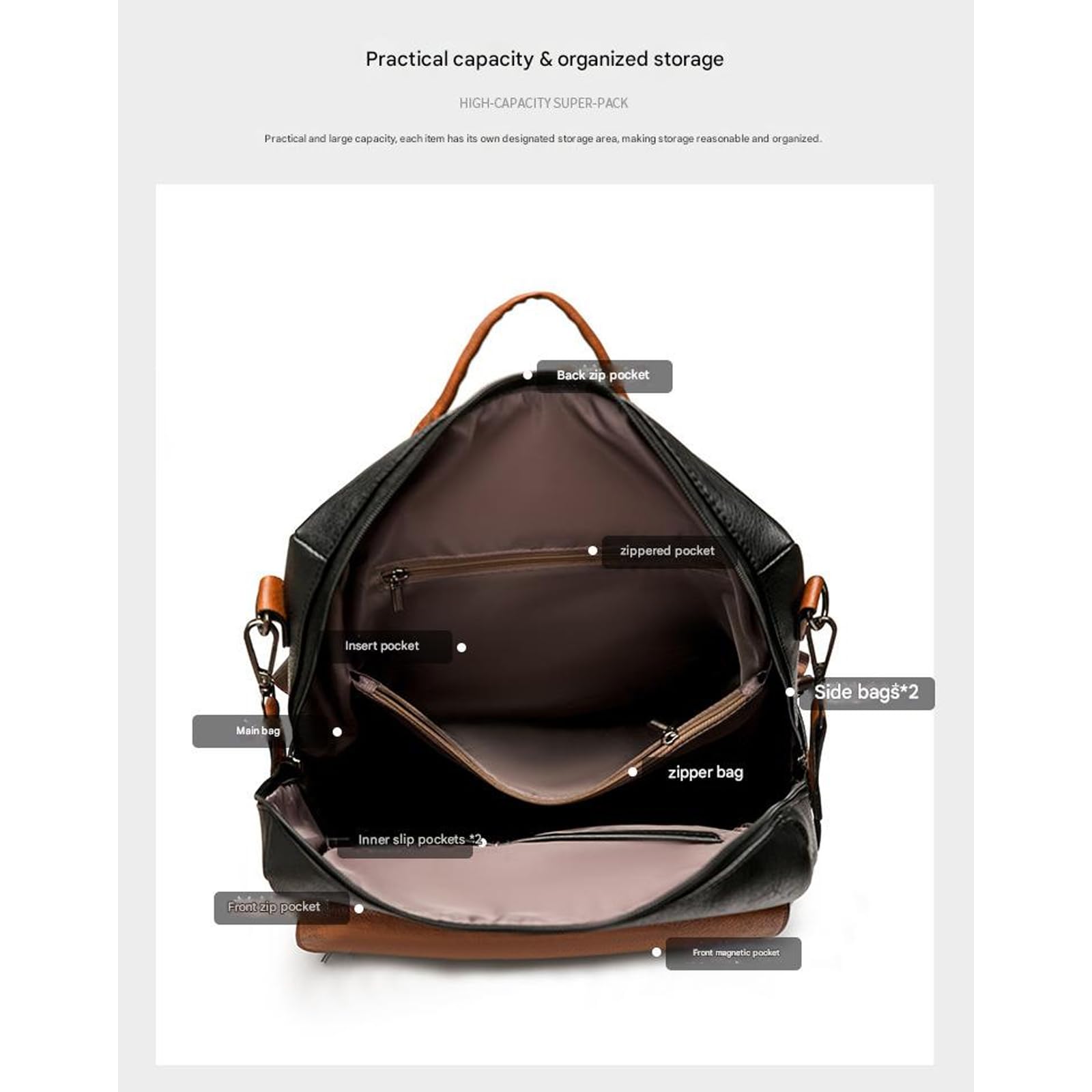 Mochilas de piel sintética para mujer, impermeable, antirrobo, convertible, de viaje, bolso de hombro, bolso de mano de piel sintética, Café de dos colores