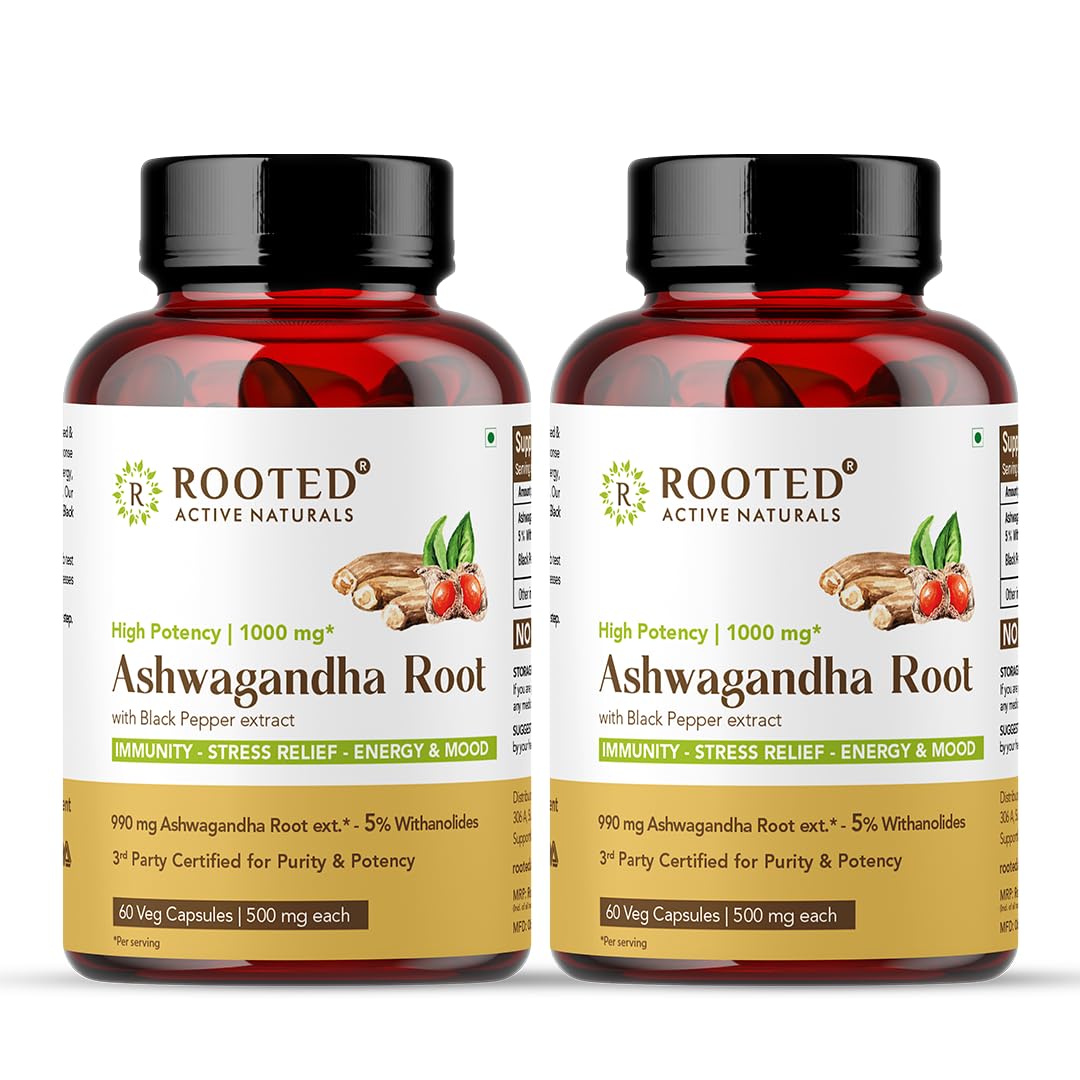 Rooted Ashwagandha Root Capsules (5% Withanolides), Pure Extract | Supports Stress, Anxiety Relief, Energy & Immunity | 60 Caps, 500 Mg Each(Pack Of 2) (B0D1R5F67V) Amazon Price History, Amazon Price Tracker