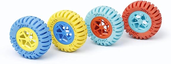 Set of 4 E-Racer Erasers, Round Wheel Shape, Multi-Color, Non-Toxic With1 Pencil Sharpener Free Best Birthday Gift for Children