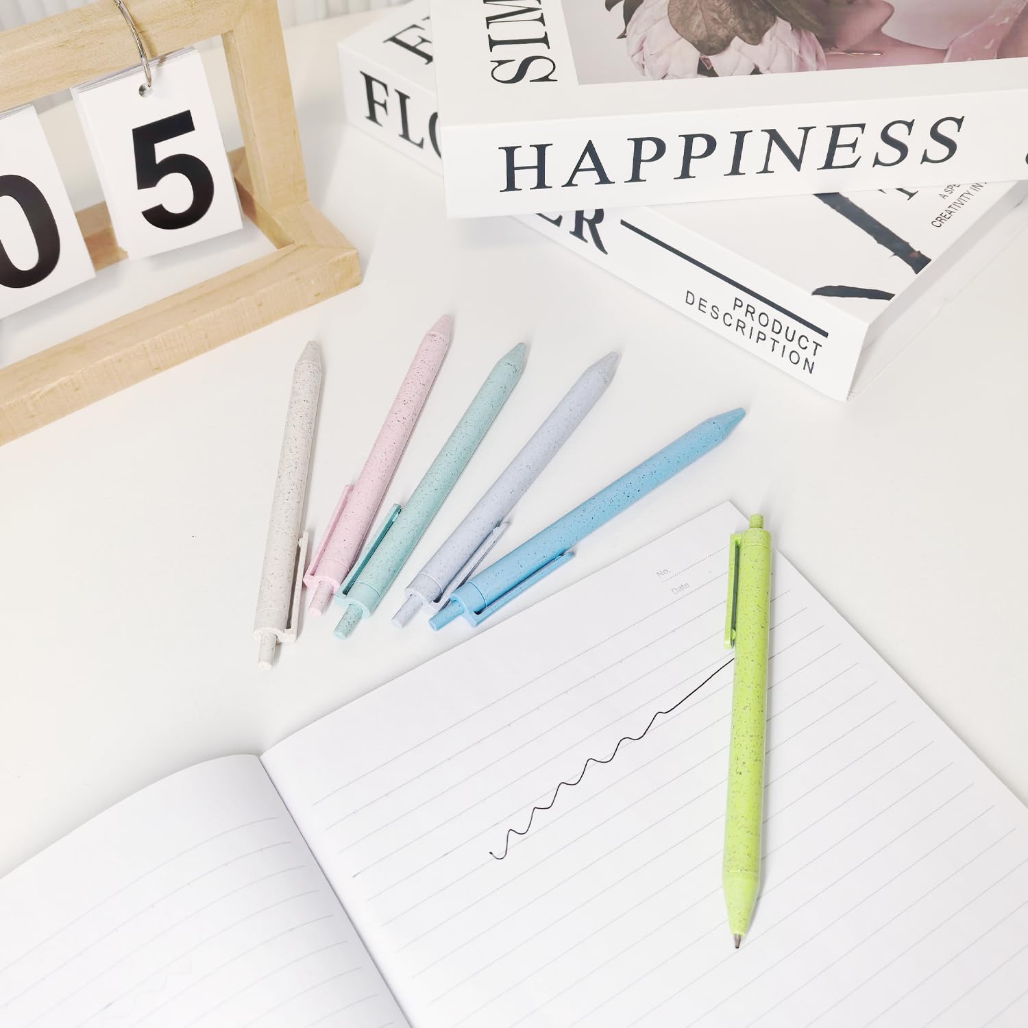 BallPoint Pens Eco-Friendly Wheat Straw Cute Macaron Retractable Ballpoint Pen Set - 6 Pack Black Ink Medium Point — view 5