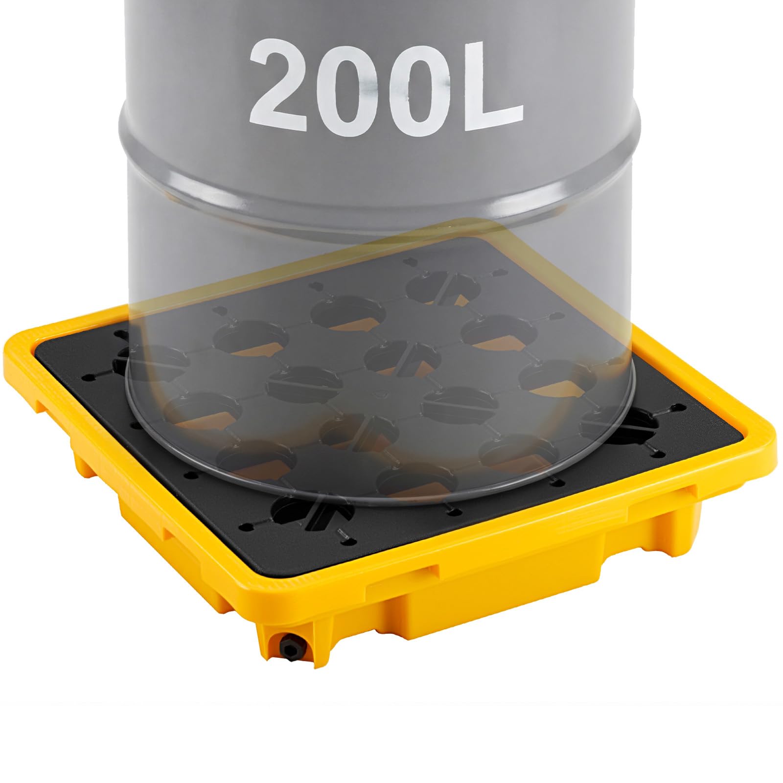 VEVOR Palette de Rétention pour 1 Fût, Bac de Rétention avec Caillebotis et Drain, Plateforme de Déversement en PEHD à Profil Bas, Capacité 43,2 L, Charge Maximale 700 kg, 670x675x150 mm, Jaune