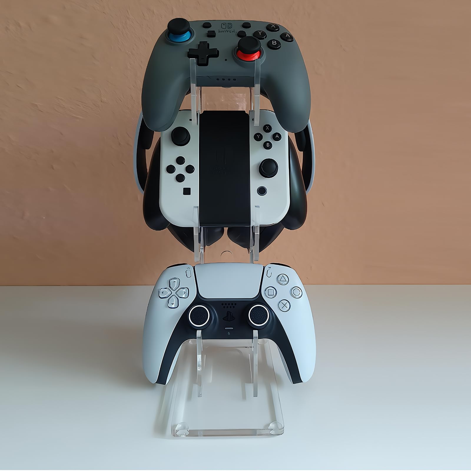 Supporto universale doppio per Xbox Series X PS4 PS5 Switch Joy Con, Supporto Trasparente in Acrilico per Cuffie e Controller, Organizzatore per Controller per 3 Gamepad (3 Tier Clear B)
