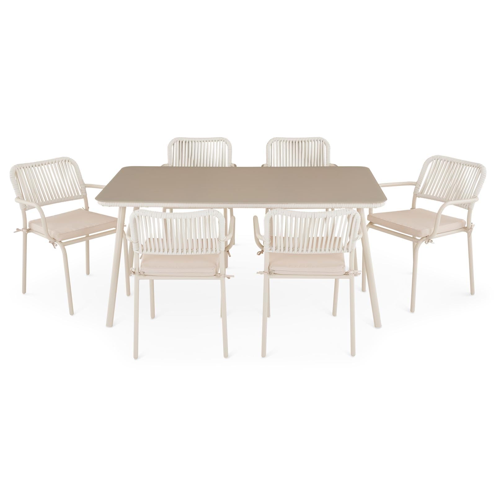 IDIMEX Gartenmöbel Set VOLONTE 1 Tisch 6 Stühle, Beige – Wetterfeste Sitzgruppe mit Glasplatte & Rope-Bespannung für Garten Terrasse Balkon