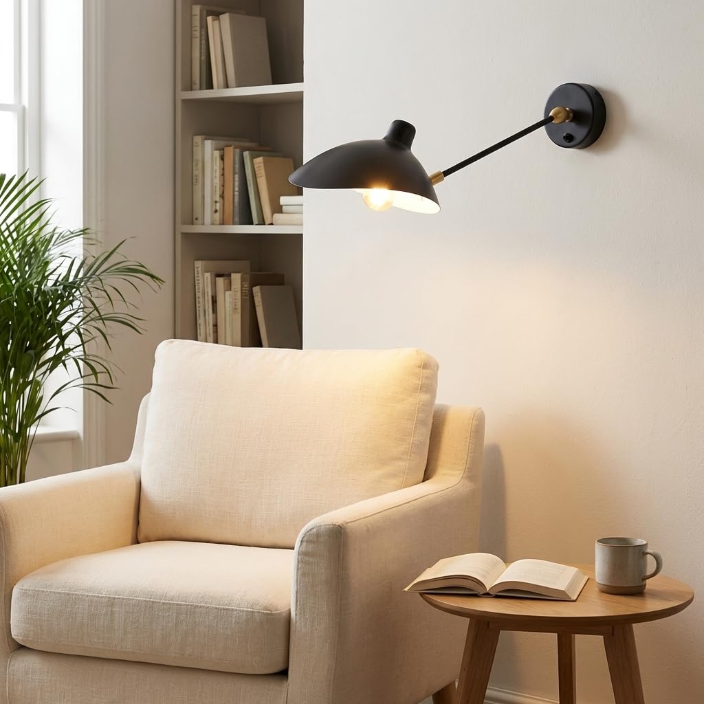 BARCELONA LED Wandleuchte mit schwenkbarem Arm, schwarze industrielle Vintage-Wandleuchte aus Metall und Eisen, modernes und retro Design, verstellbare Beleuchtung Schlafzimmer