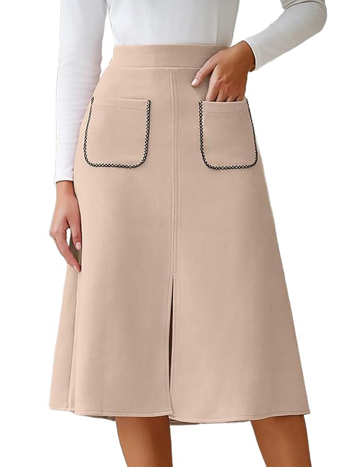 Donna Faux Suede Gonna Lunga spaccata a Vita Alta Tasche Frontali Faux Suede A-Line Gonna Lunga con Spacco