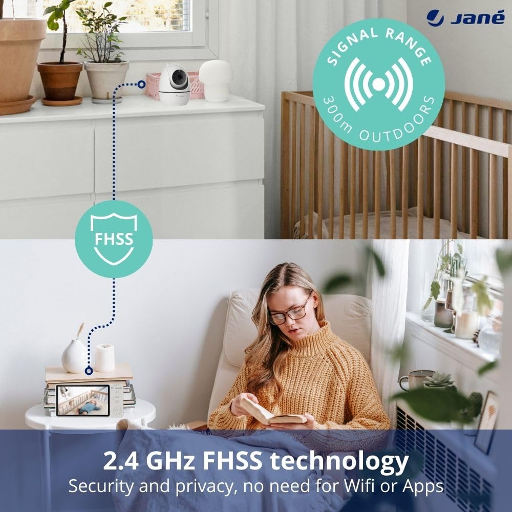 Jané Eye Pro Baby Monitor, elektroniczna niania z obrotową kamerą, przechylanie z silnikiem, ekran 5", dwukierunkowy dźwięk, noktowizor, duży zasięg, muzyka, niski pobór mocy baterii
