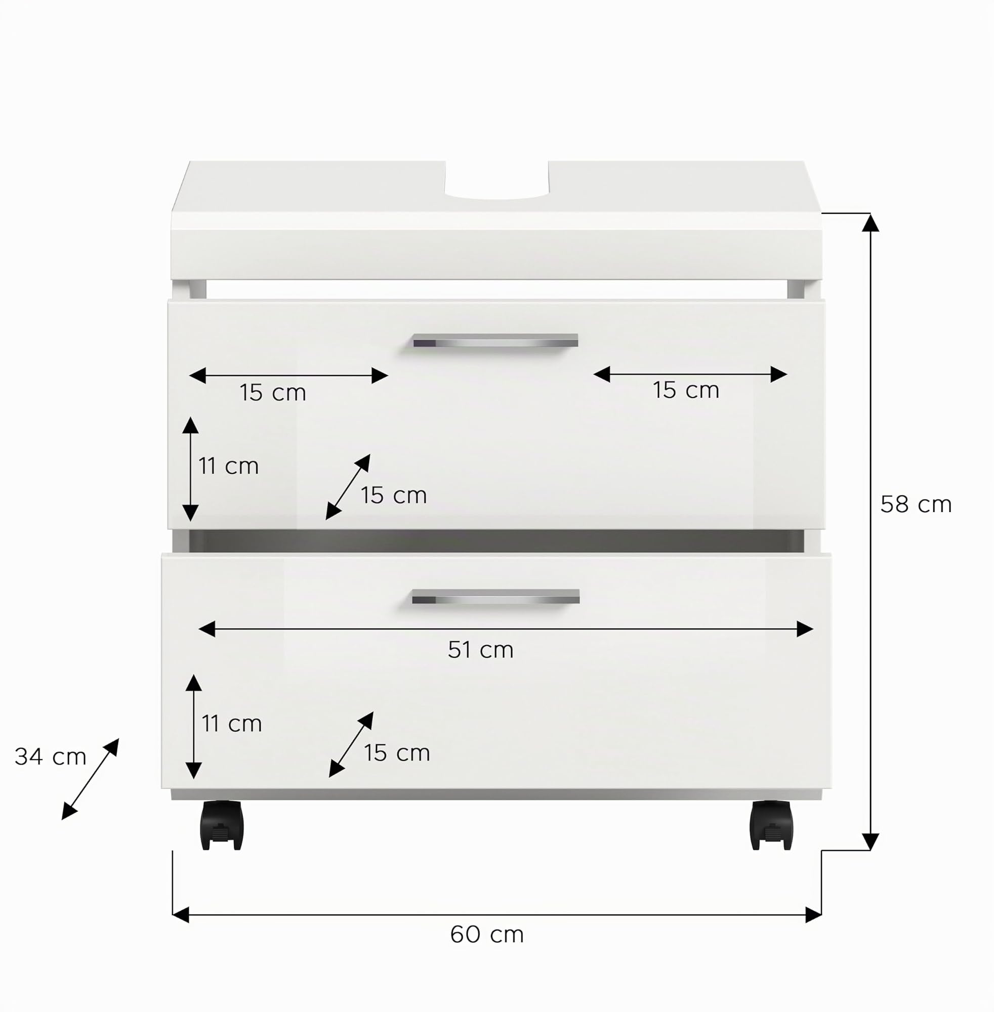 xonox.home – Waschbeckenunterschrank Scout 60x60x34 cm in Weiß Hochglanz – Mobiler Badschrank auf Rollen mit Feststeller – Moderner Unterschrank für eine Elegante & Flexible Badaufbewahrung