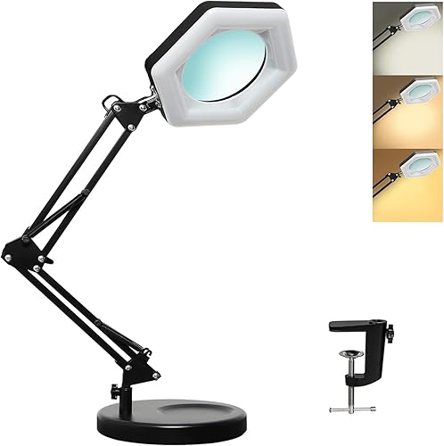 Lupa con luz y soporte, lámpara de escritorio con lupa LED regulable con abrazadera, 3 modos de color, luces de aumento manos libres para trabajo