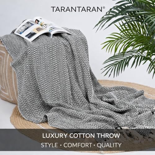 Image of Tarantaran All Season Cotton Weaved Throw Blanket for Bed /Sofa 50x70 Inches Black