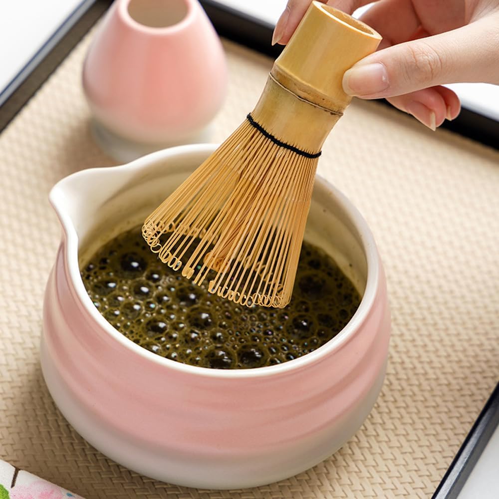 Matcha Tea Ceremony Set, 7 Pieces with Ceramic Bowl, Bamboo Whisk, Holder, Scoop, Rest, Sifter, Tea Towel, Pink