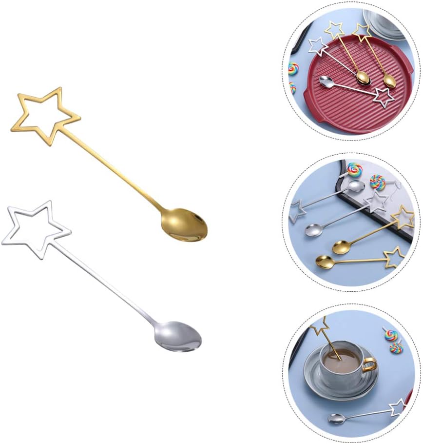 2Pcs Stainless Steel Dessert Spoon Set Five-Pointed Star Hollow Design Mini Spoons for Coffee Tea Ice Cream Sugar and Cake
