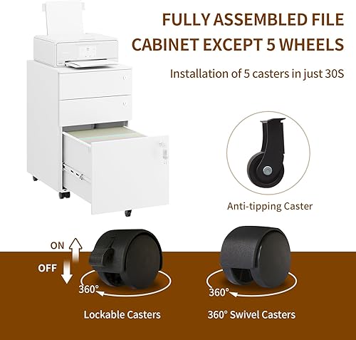 Miniatura 8 de Archivador móvil con 3 cerraduras, archivadores de 3 cajones para oficina en casa, archivador de metal debajo del escritorio para A4cartalegal, con