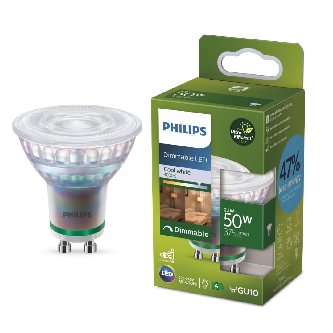 Philips LED-Glühbirne klassisch, UltraEffizient, 50W, 485Lm, B35, GU10 2700K, mattes Glas, dimmbar, Klar