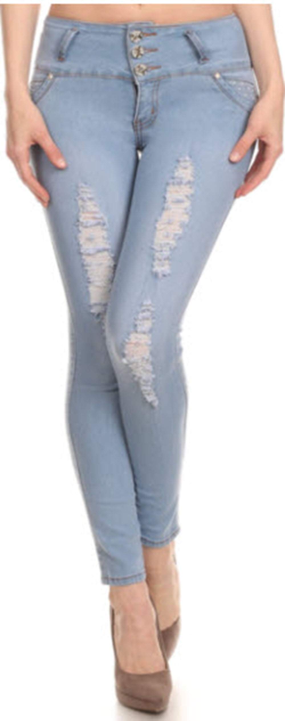 Malibu Boutique Baby Blue Butt Lifting Skinny Jeans with Embellished Back Pockets & Ripped Detailing (9)
