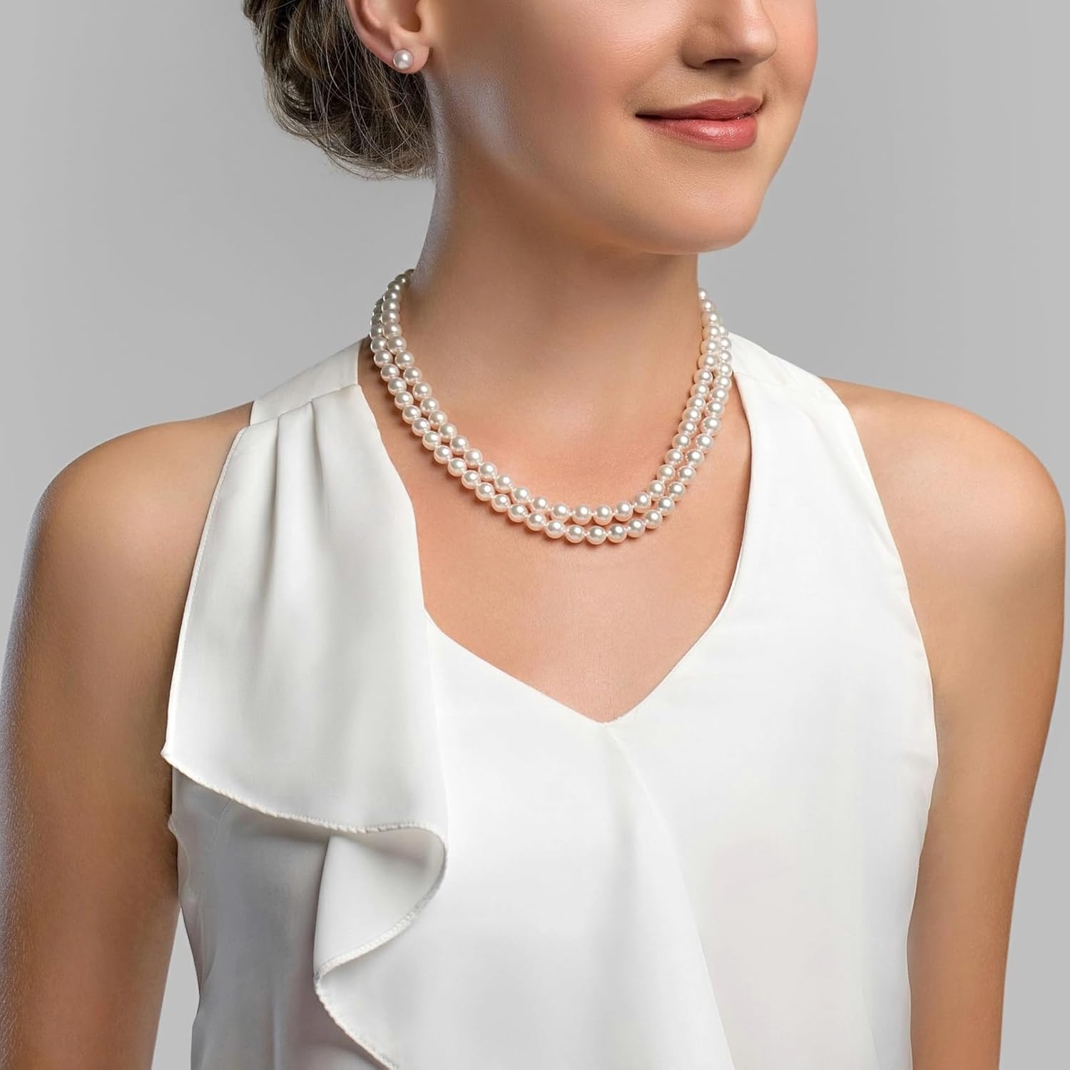 The Pearl Source Sterling Silver AAAA Quality Double Strand White Freshwater Cultured Pearl Necklace for Women in 16-17" Choker Length