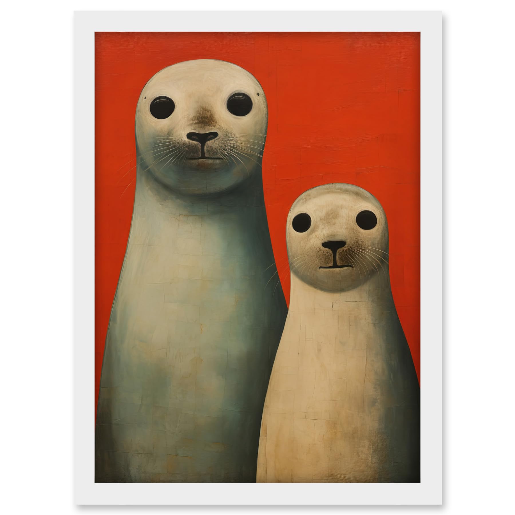 Artery8 Seal Pups Portrait White Cream On Red Crimson Coral Detailed Oil Painting Artwork Framed A3 Wall Art Print