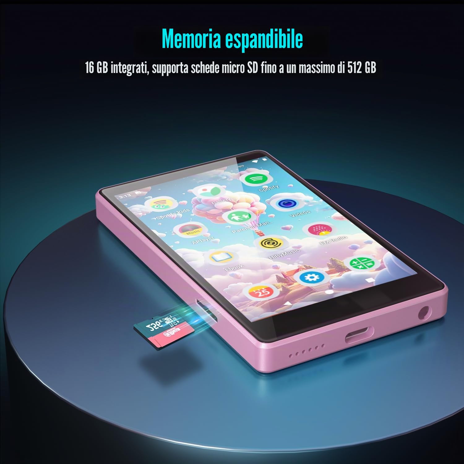 Lettore MP3 per bambini con Spotify, controlli parentali, Spotify Kids, Audible, Amazon Music, Libby, lettore musicale per bambini IPS da 4,0" fino a 512 GB (rosa chiaro)