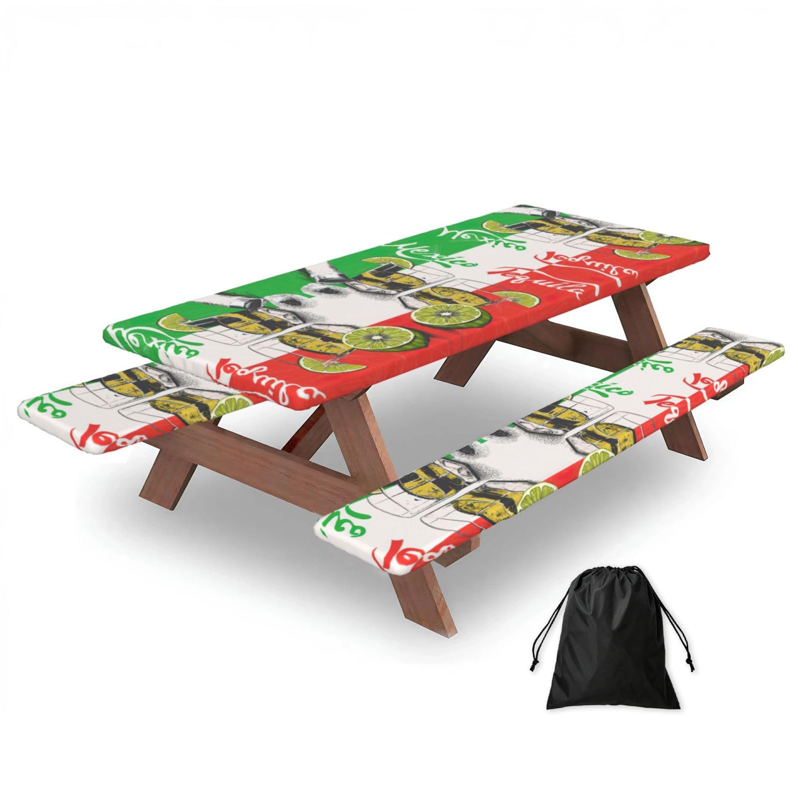 Duwaa Black Mexico Flag And Tequila Print 183Cm Picnic Table Cover With Bench Covers, Waterproof Elastic Tablecloth Set For Outdoor