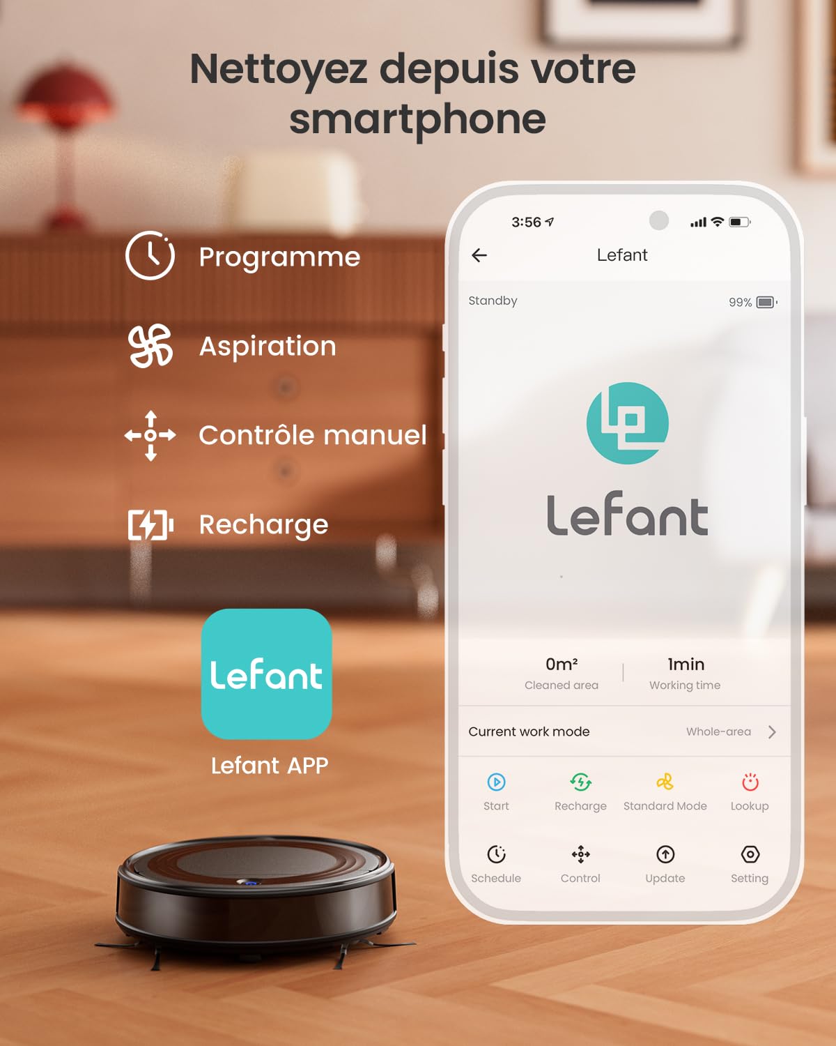 Lefant Robot Aspirateur M310 avec Navigation Précise, 4500 Pa, Autonomie de 150 Min, Filtre HEPA, Compatible Wi-FI, Idéal pour Poils d'animaux, Tapis et Sols Durs