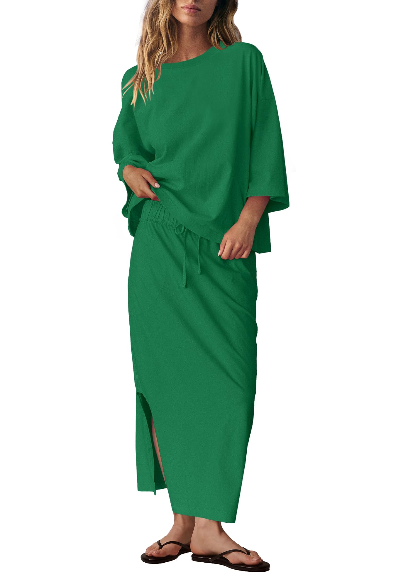 LAMISSCHE Skirt Sets Women 2 Piece Outfits Casual Lounge Set Back Vented Tops and Maxi Dress with Pockets