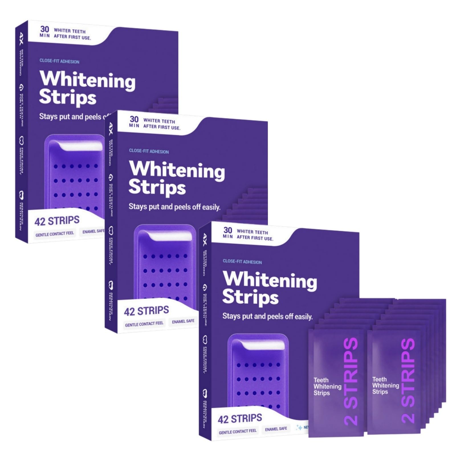 PURPLE WHITENING STRIPS, Nastro sbiancante dentale viola senza perossido, denti con formula per un sorriso brillante a casa Macchie Caffè/tè/vino sbiancamento sicuro senza danni
