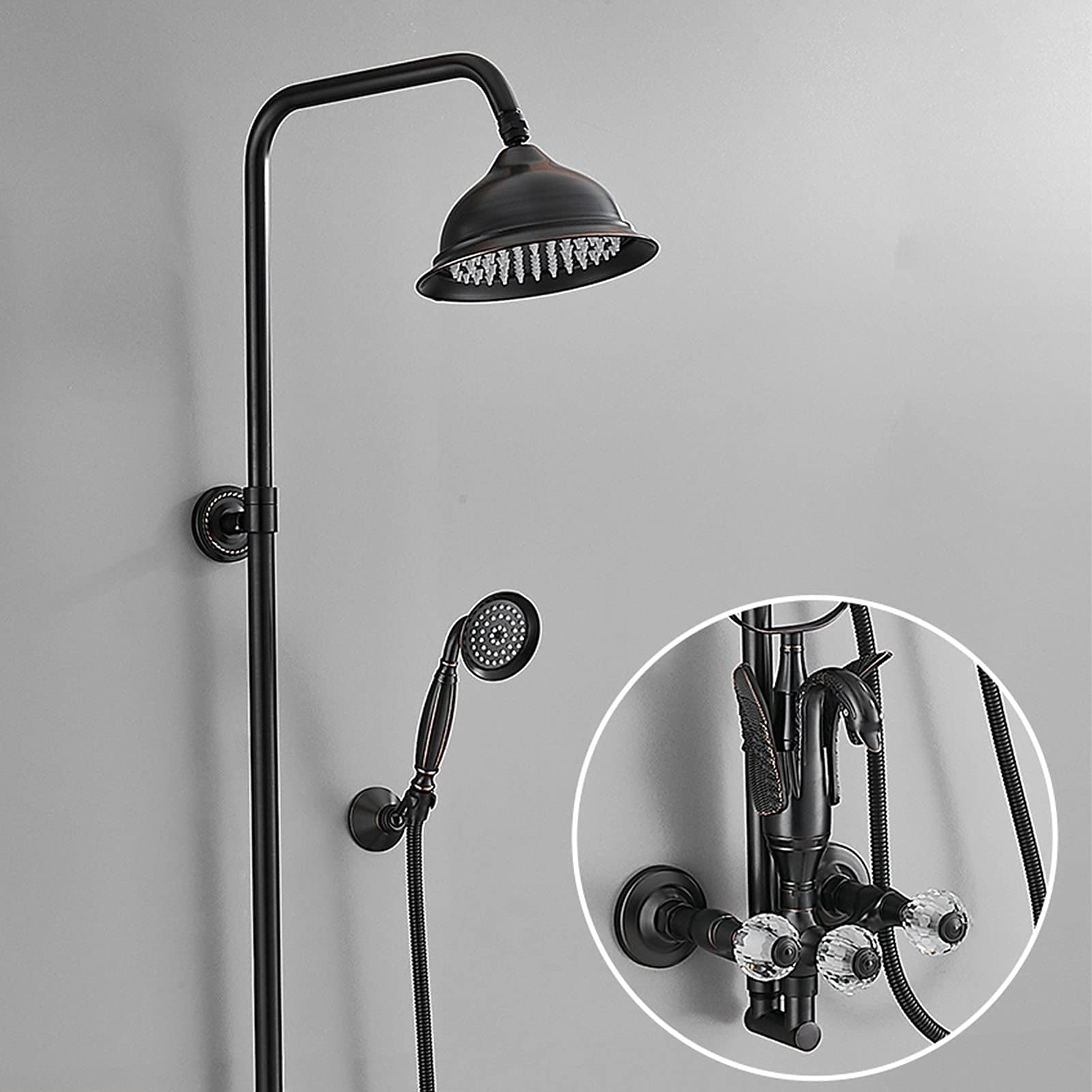 AYCDL Shower System with Tub Spout, 8 Inch Round Rainfall Shower Head with Hand Shower, Dual Handle Shower Faucet Set, Wall Mount Bathtub Mixer Tap,Gold,Black,Black