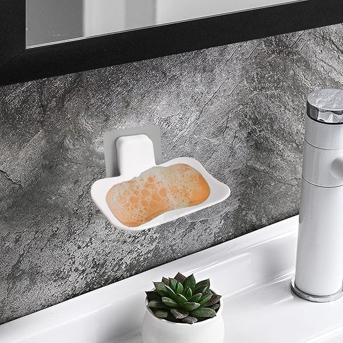 Image of Self-Adhesive Soap Holder for Bathroom (Pack of 2) Wall Mounted No-Drill Soap Stand with Water Drainage | Strong Sticker Plastic Soap Dish for Wash Basin & Kitchen (2, PS Soap Dish White)