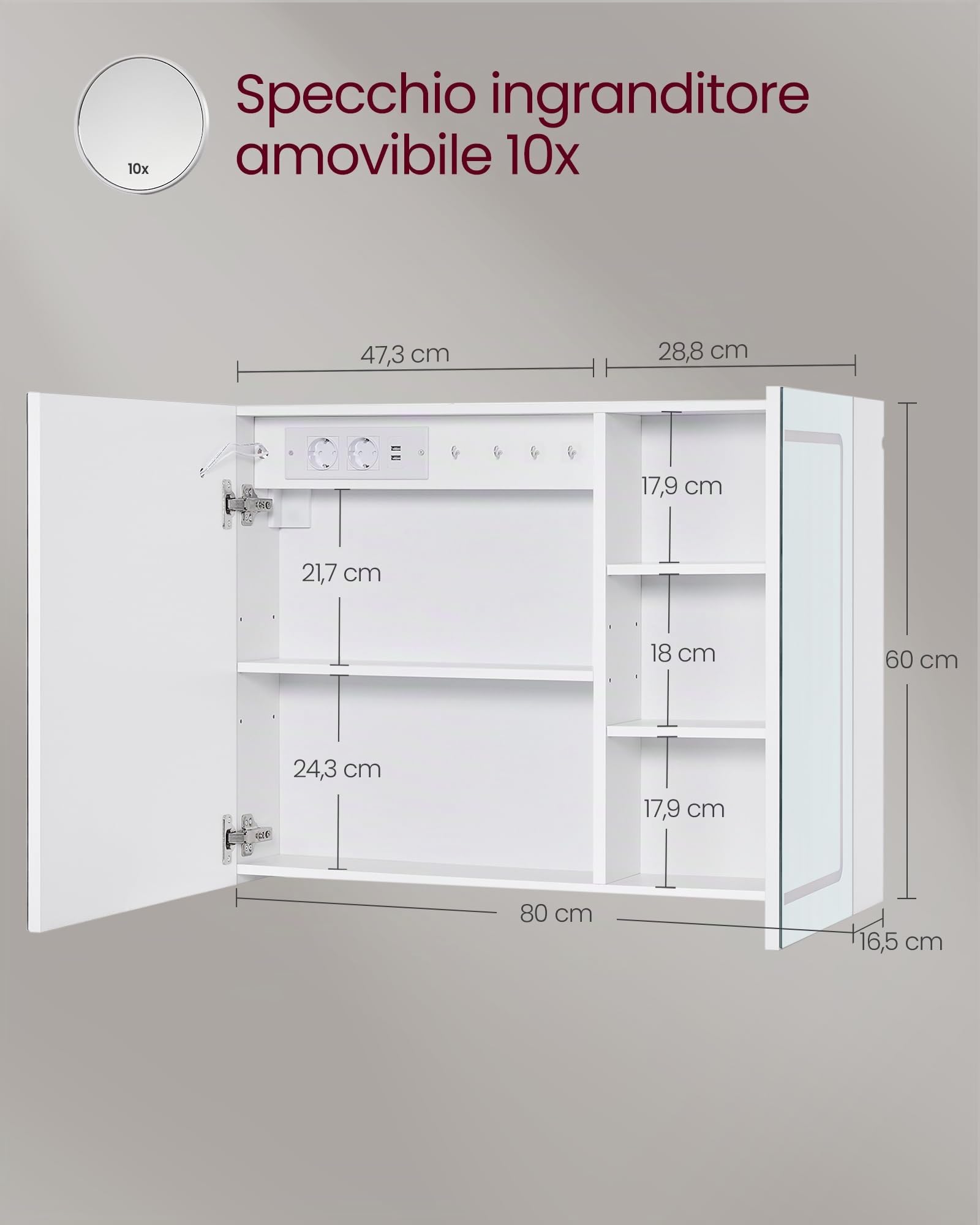 VASAGLE Kailyn Collezione - Armadietto a Specchio da Parete per Bagno con LED, Presa Multipla, Funzione Antiappannamento, Specchio Ingranditore 10x, Stile Moderno, 16,5 x 80 x 60 cm, Bianco BBK134W01