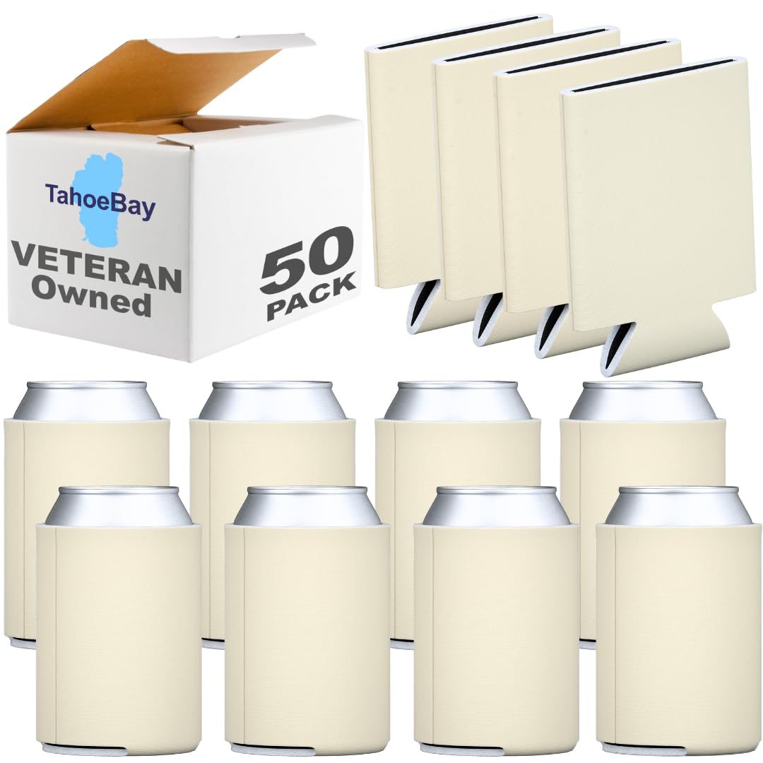TahoeBay Bulk Can Coolers (50-Pack) Blank Foam Sleeves Plain Soft Insulated Blanks for Soda, Beer, Water Bottles, HTV Vinyl Projects, Wedding Favors and Gifts (Light Champagne)