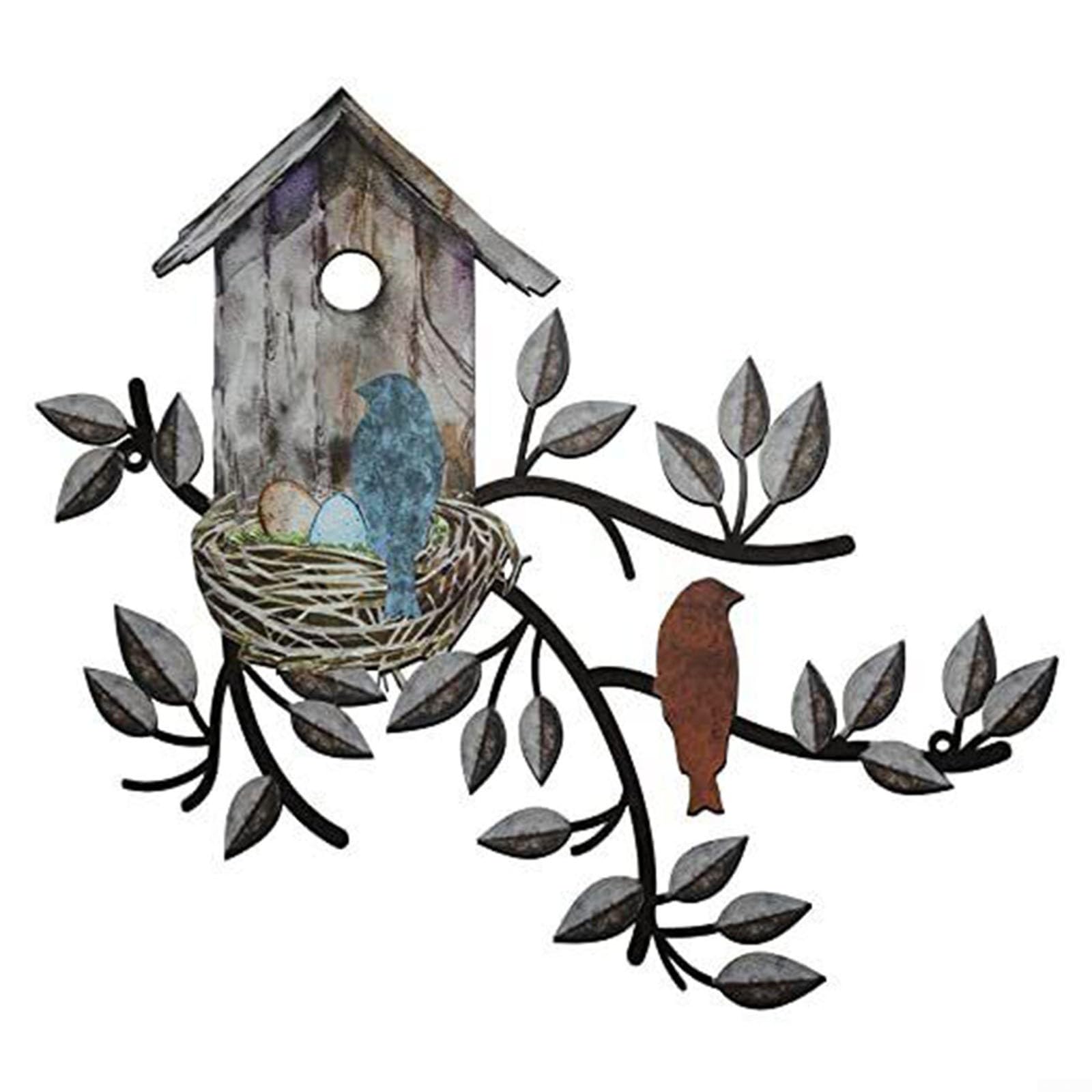 Birds Wall Art Decor, Metal Tree with Birdhouse Wall Art Hanging Outdoor Wall Brown for Indoor Outdoor Garden