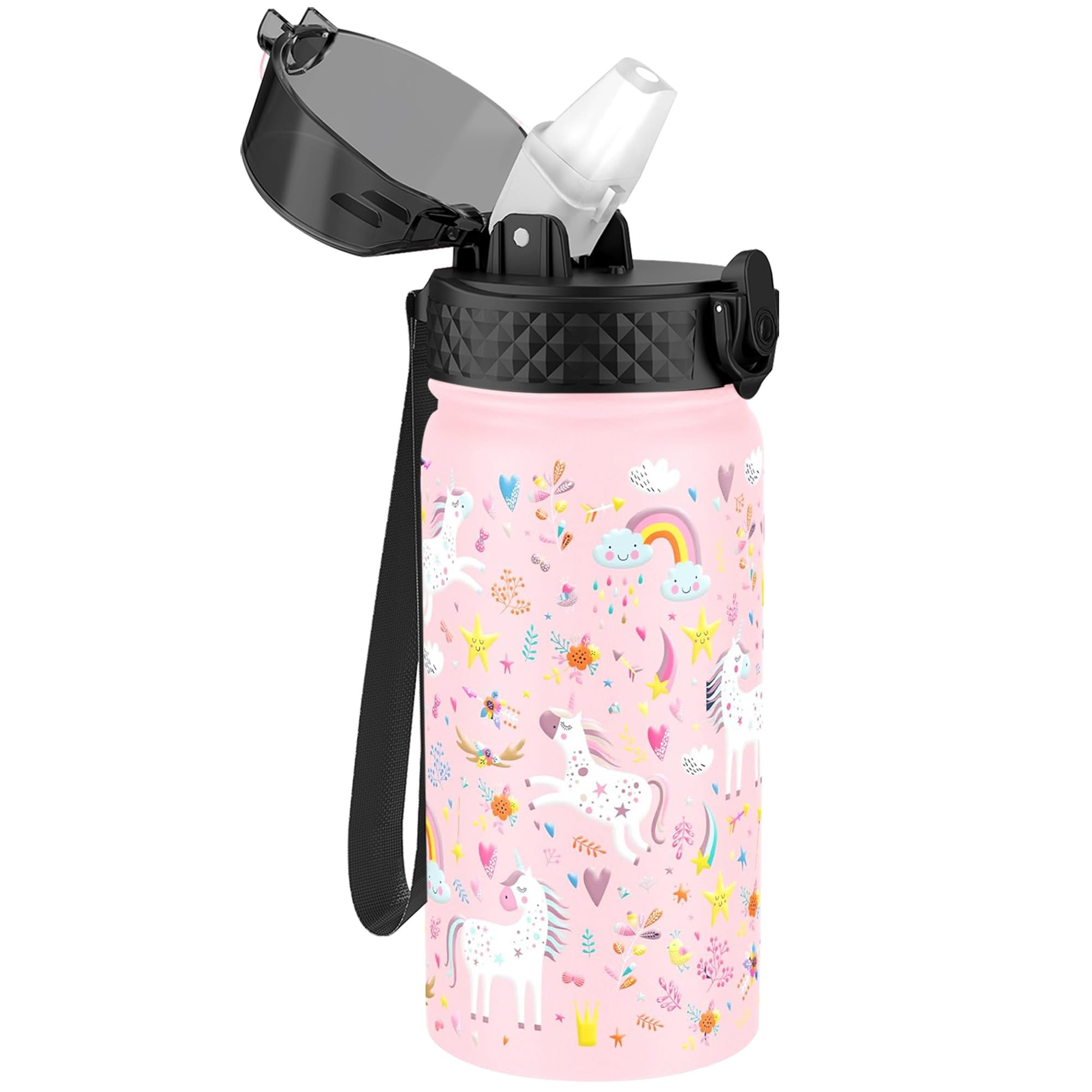 Kids Water Bottle (Straw Lid) - 14 Oz Stainless Steel Travel Bottle, Double Wall Vacuum Leak Proof Kids Cup for School Boys Girls,Unicorn Fields