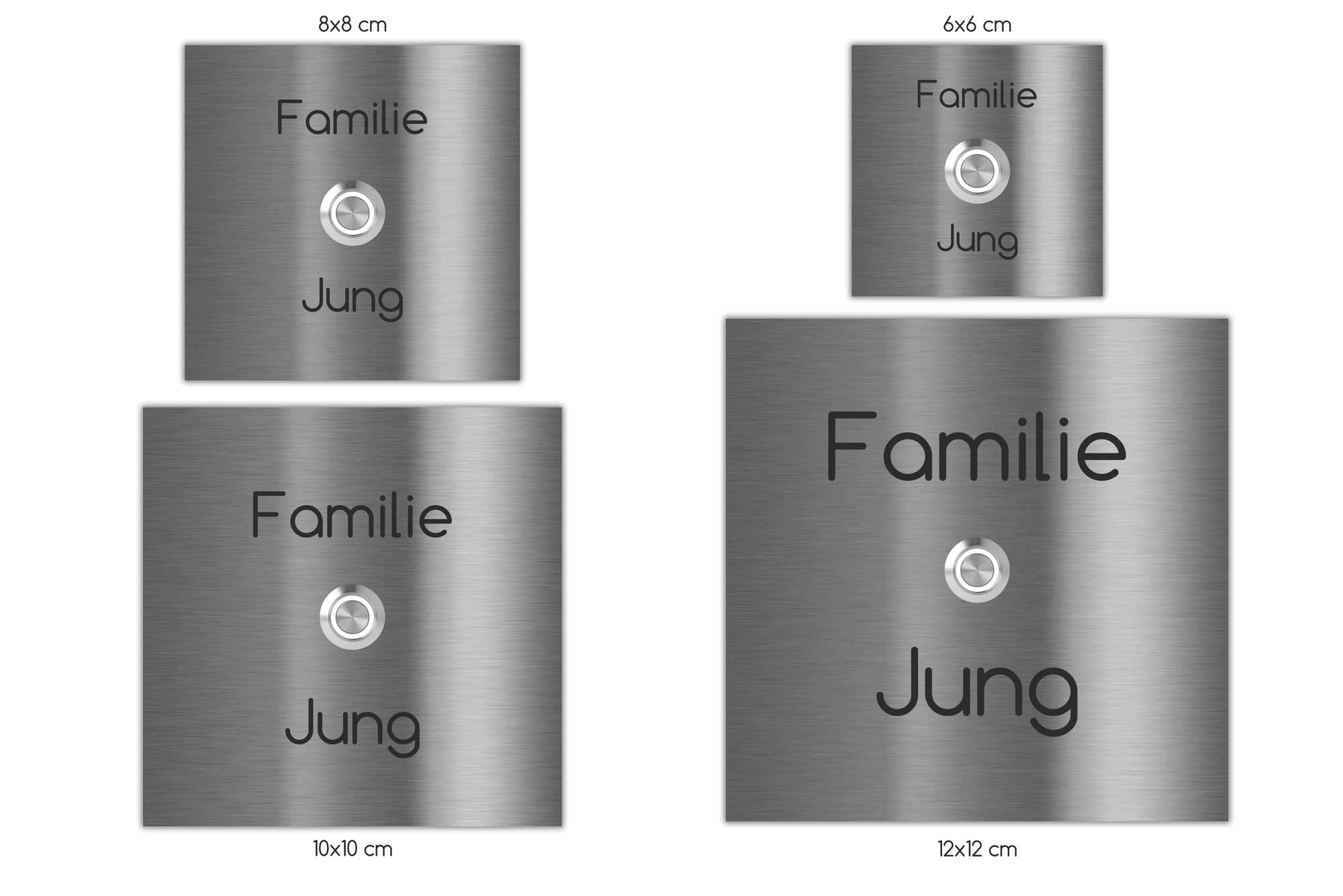 Jung-Edelstahl-Design Türklingel Bochum mit Gravur. Moderne Klingelplatte in verschiedenen Größen. Led Taster in (weiss). Klingelschild aus V2a Edelstahl. Unterputztürklingel