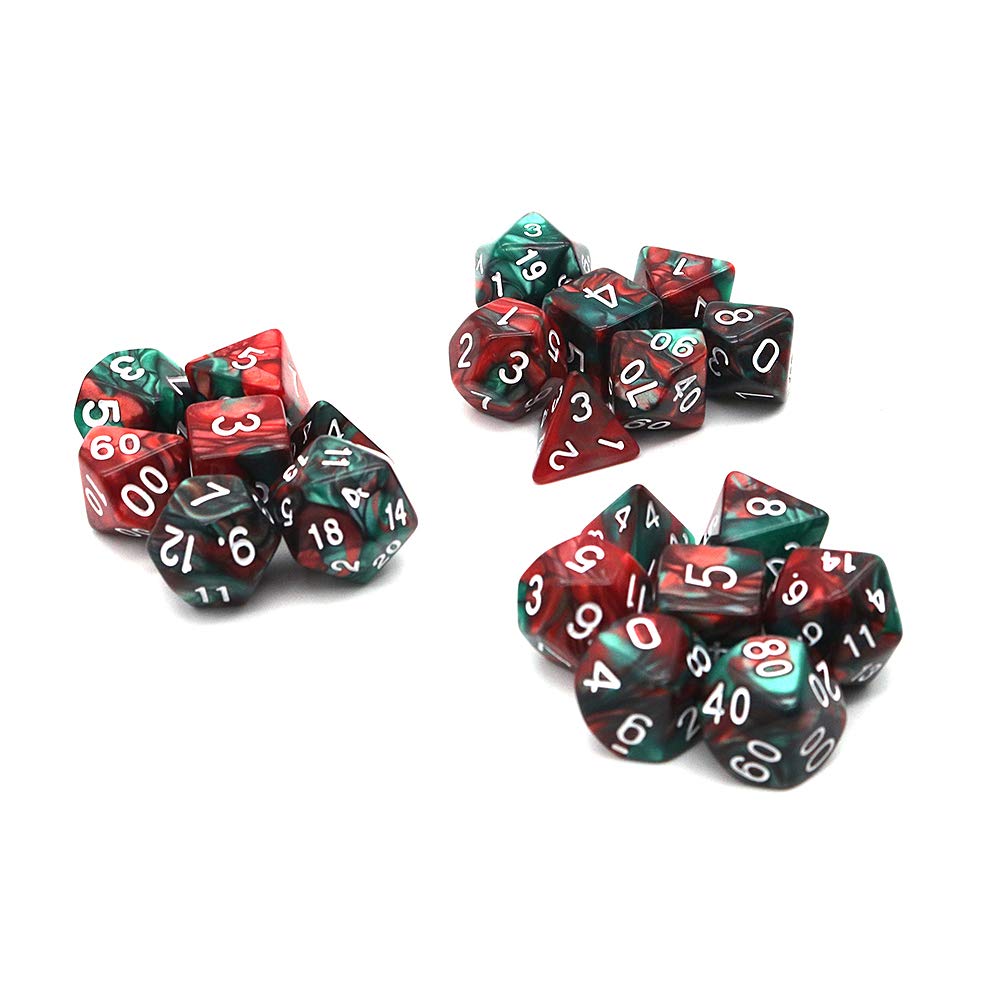 DollaTek Polyhedral Dice zestaw do gry sto?owej, 3 zestawy kostek, 3 x 7 (21 sztuk), seria D20, D12, D10, D8, D6, D4, DND, kostka, DND, RPG, MTG, dwucz??ciowa (czerwona i zielona)