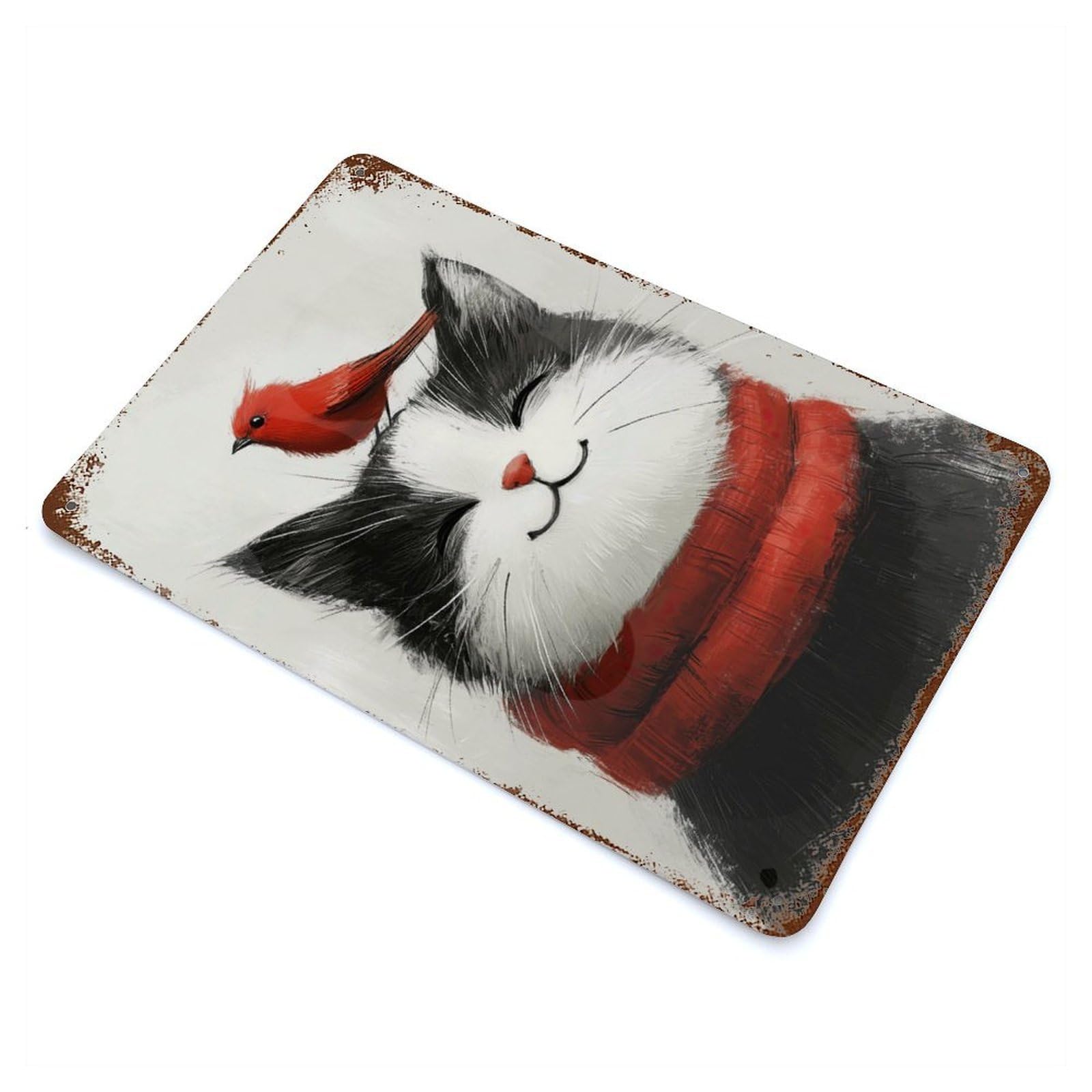 Smiling Cat with Bird Retro Metal Sign 11.8"x7.9", Rustic Home Decor for Garage, Pub Or Kitchen