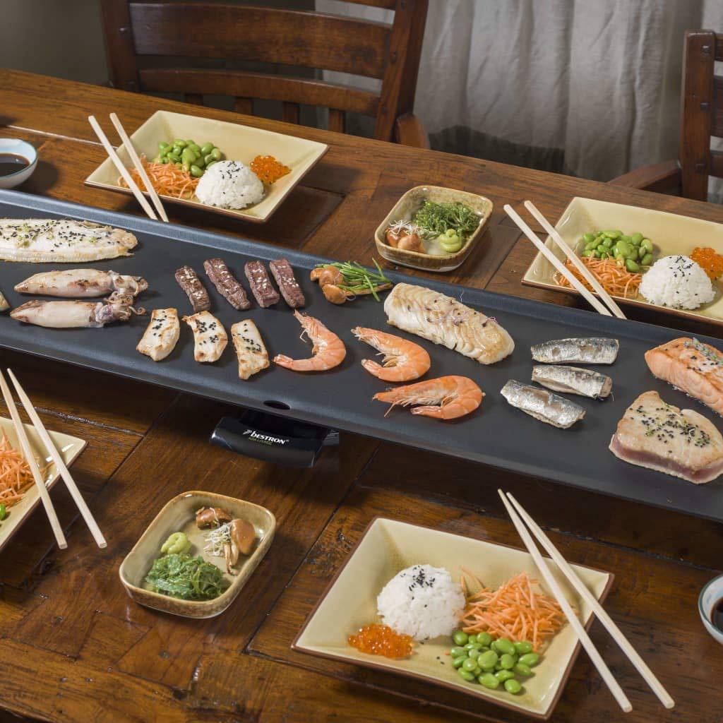 Bestron XXL Plancha electrica para cocinar en diseño ASIA, plancha cocina con revestimiento antiadherente, Parrilla eléctrica para hasta 8 personas, 1800 vatios, color: negro