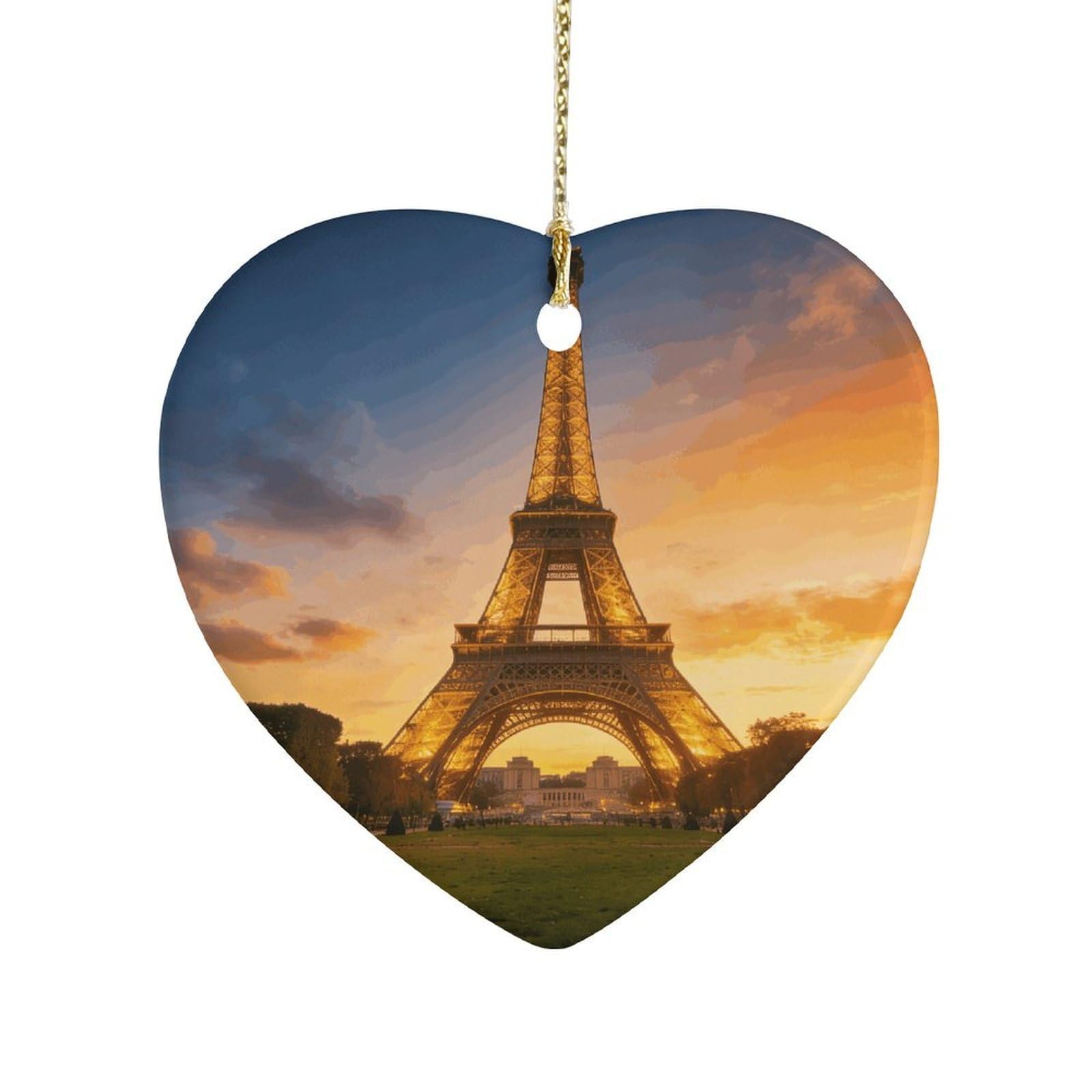 Khauerbc Style Eiffel Towerheart Shaped Ceramic Ornament With String,Ceramic Ornament,Two-Sided Printed For Christmas Tree And Holiday Decoration
