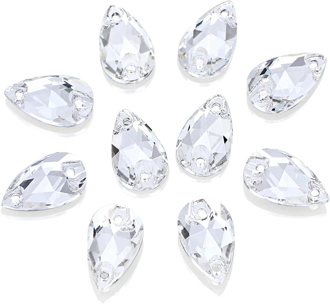 DONGZHOU Sew On Rhinestone Clear Faceted Drop Shape Sewing Beads Crystal Sew Flat-Back Glass Rhinestones Crystal Gems Dress Accessories for Costume, Clothes, Garments, DIY Crafts 12 * 7