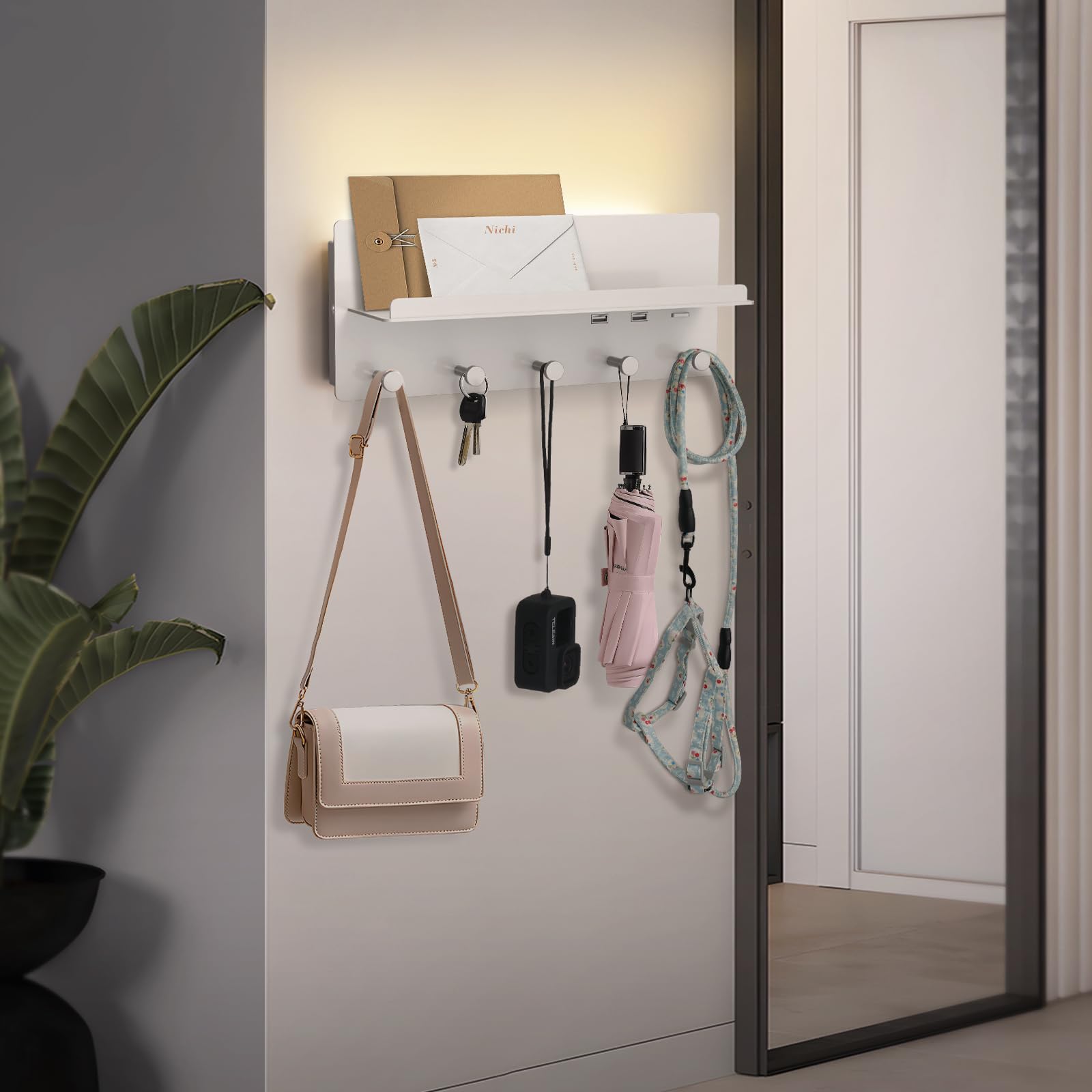 HYMELA M05 Multifunctional Wall Sconce with Key Holder, Modern Wall Mount Light with 6W Backlight,Wall Lighting with Shelf USB for Living Room, Hallway, Bedroom, Kitchen and Entrance
