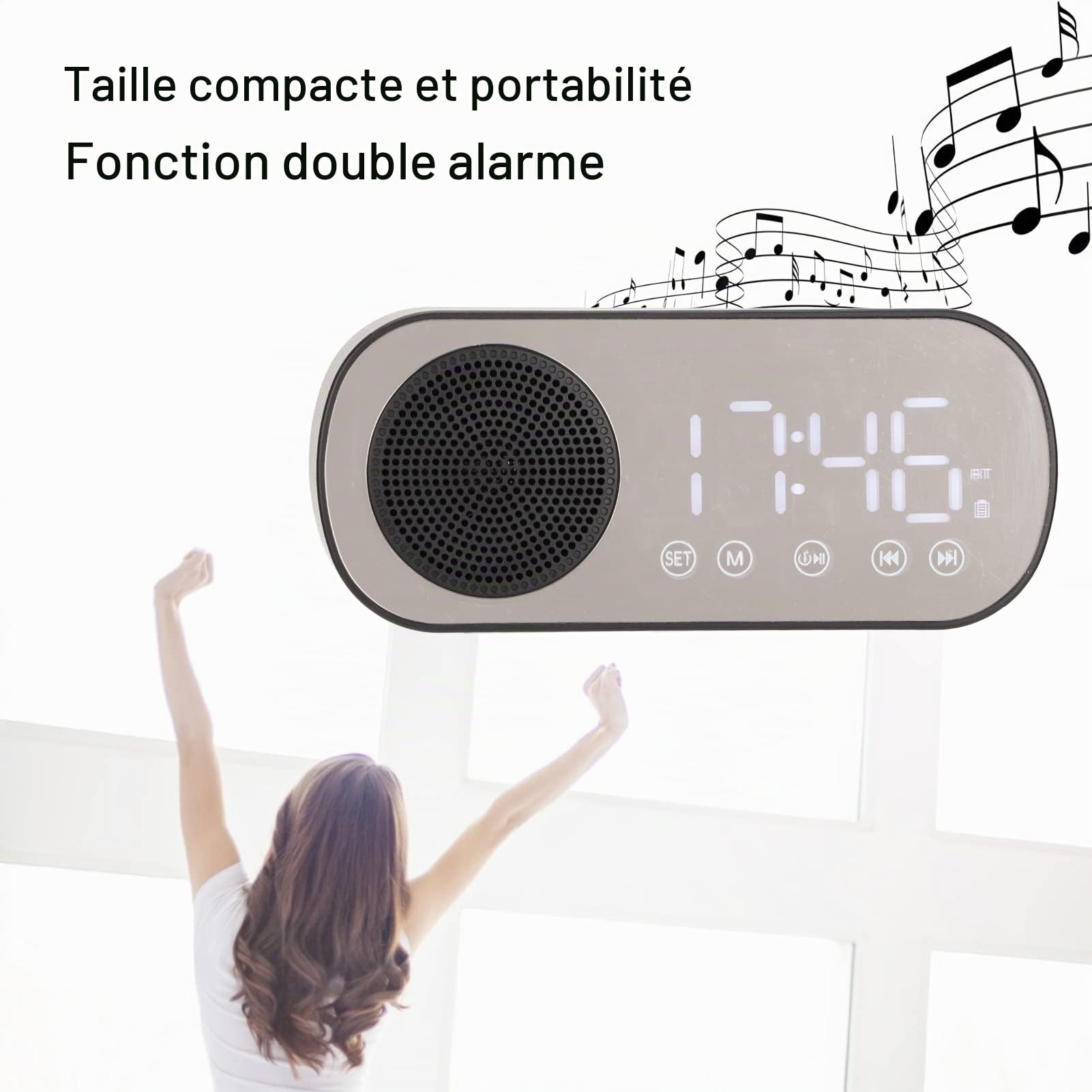 Elprico Radio Réveil Bluetooth 5.0 Enceinte sans Fil Portable, Horloge Numérique avec Double Alarme, Radio FM, Grand Écran LED Miroir, Batterie 1600mAh
