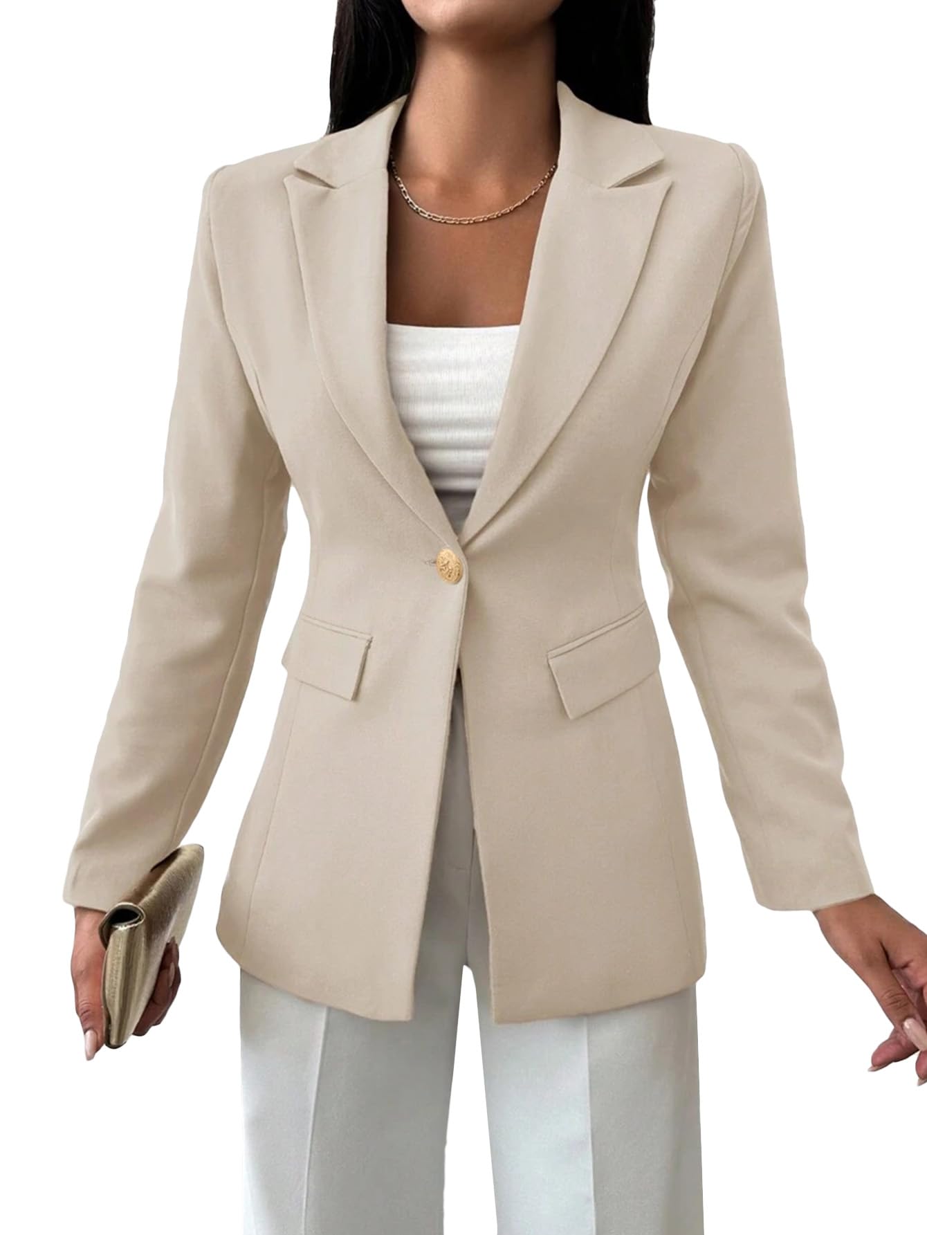 Mina Self Long Blazer for Women Casual 2025 Fall Cream Lightweight Business Casual Work Professionl Fitted Slim Office