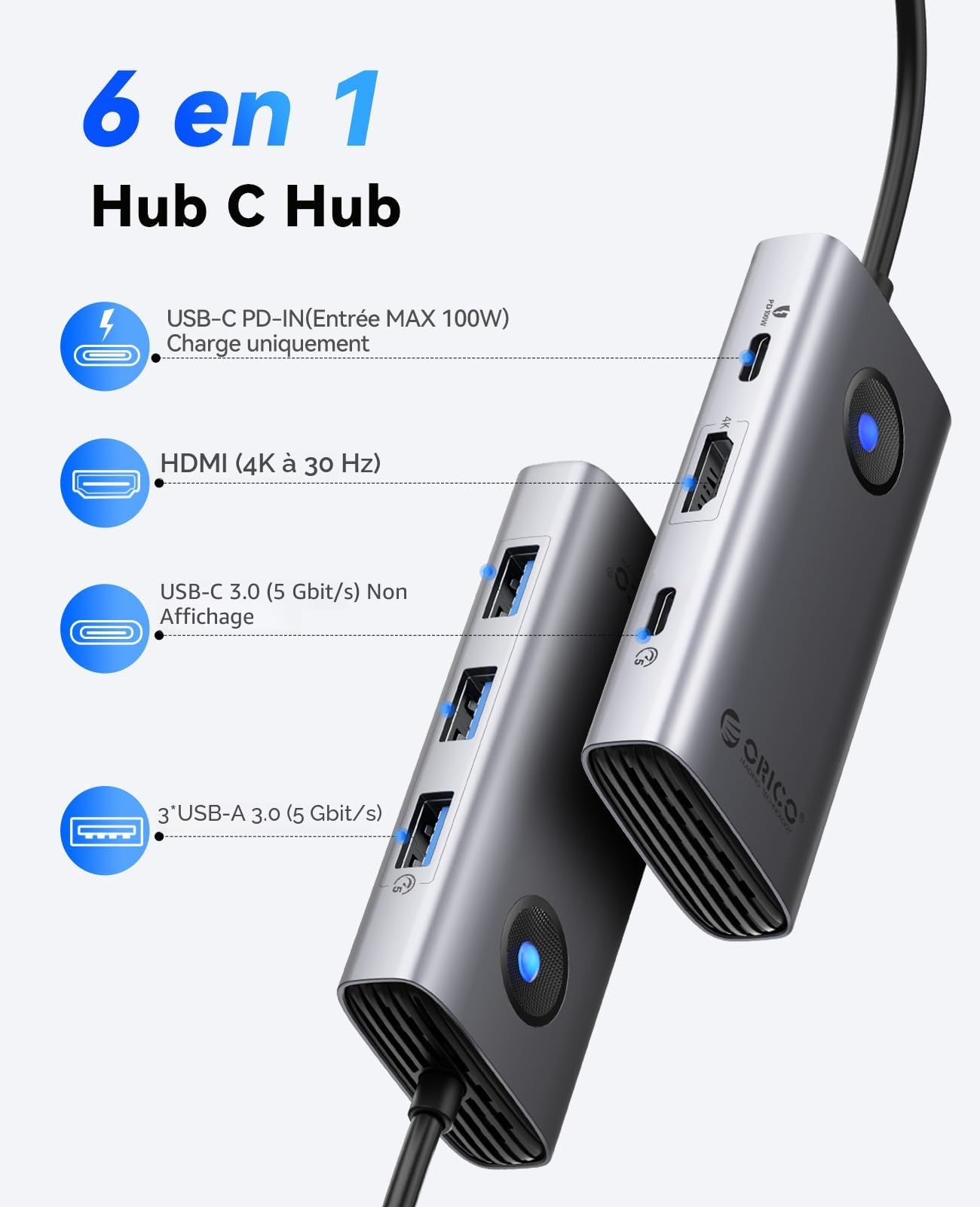 ORICO Station d'accueil, 6 en 1 Hub USB C avec HDMI 4K@30Hz, PD 100 W, 4 Ports USB 5Gbps, Adaptateur USB C vers USB 3.0 Compatible avec MacBook Pro Air XPS HP