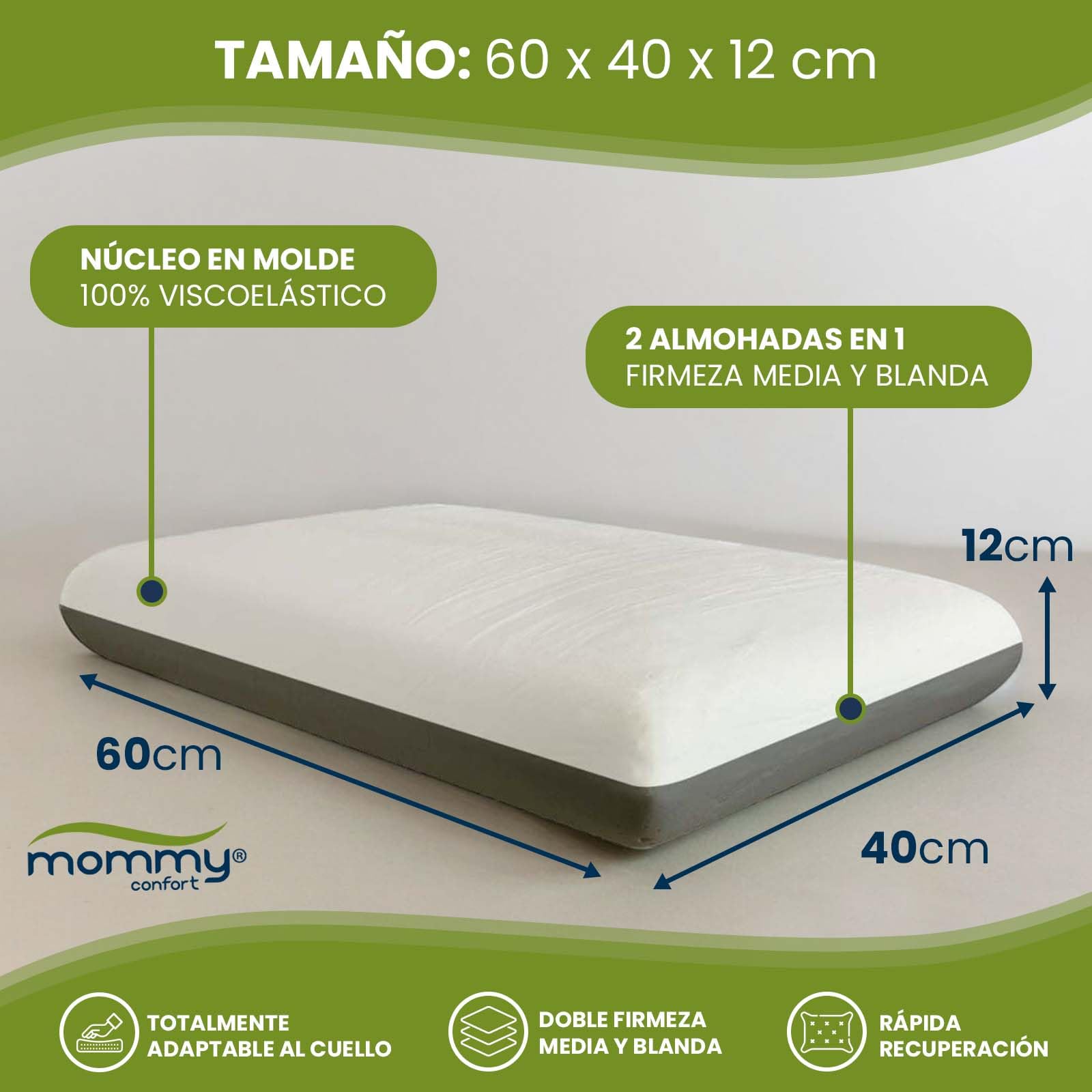 Almohada Viscoelástica 60cm Doble Firmeza Lado Blanco Suave Lado Gris Media Funda Interior Incluida Funda Bambú Lavable con Cremallera Ergonómica Transpirable Descanso Cómodo