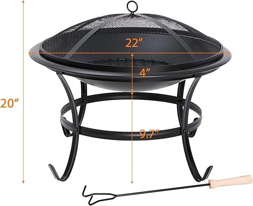 Miniatura 5 de Fogata de 22 pulgadas de acero para exteriores, parrilla de barbacoa de leña, chimenea con pantalla de malla y póquer de fuego, rejilla de troncos