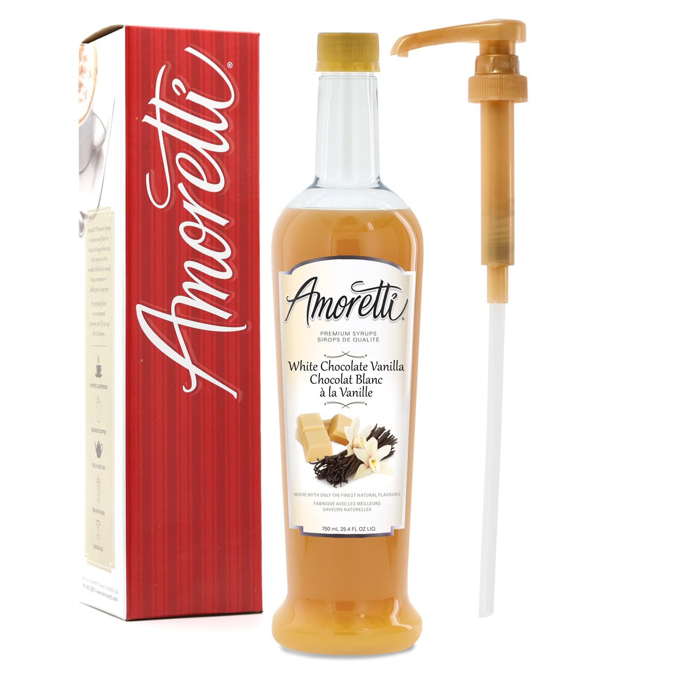 AmorettiPremium White Chocolate Vanilla Syrup, 94 Servings Per Bottle (750 ml), with Pump for Flavoring Coffees, Cocktails, and other Beverages, Gluten Free, GMO/GEO Free, Preservative Free