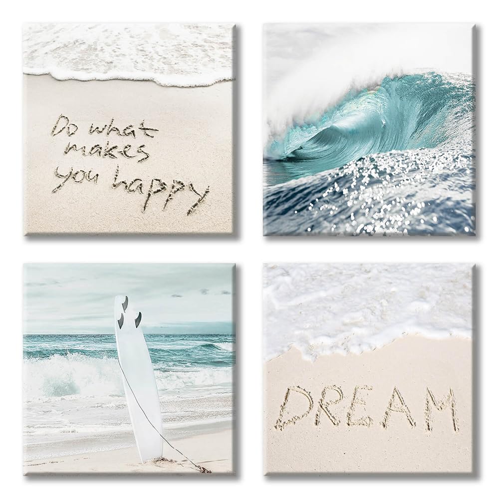 UTOP-art Beach Artwork Coastal Wall Art: Crashing Wave & Surfboard Painting with Words on Sand Picture Prints on Canvas for Bedroom (12” x 12” x 4 Panels)