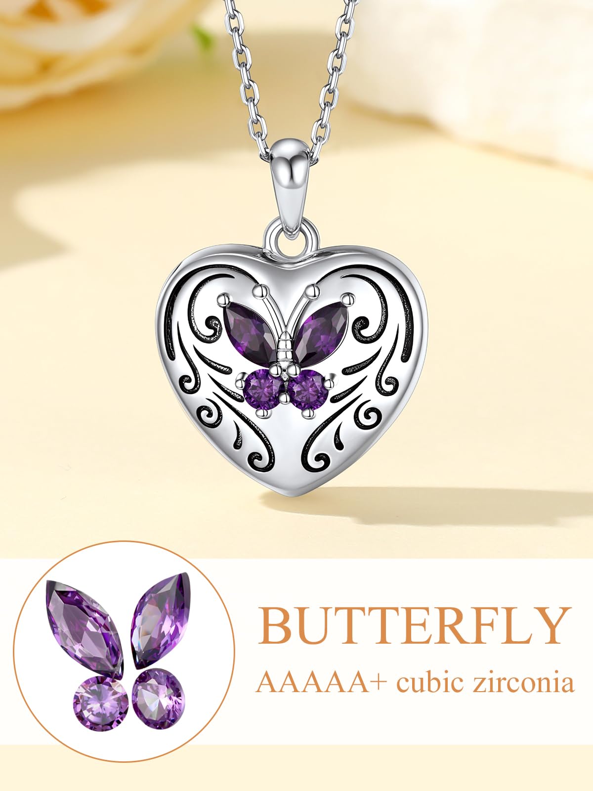 Custom4U Collier Argent Sterling Personnalisé Photo Femme, Chaîne Réglable 40/45/55+5 cm (16/18/22+2 Pouces), Pendentif Locket Photo Charme Coeur Papillon Pierre