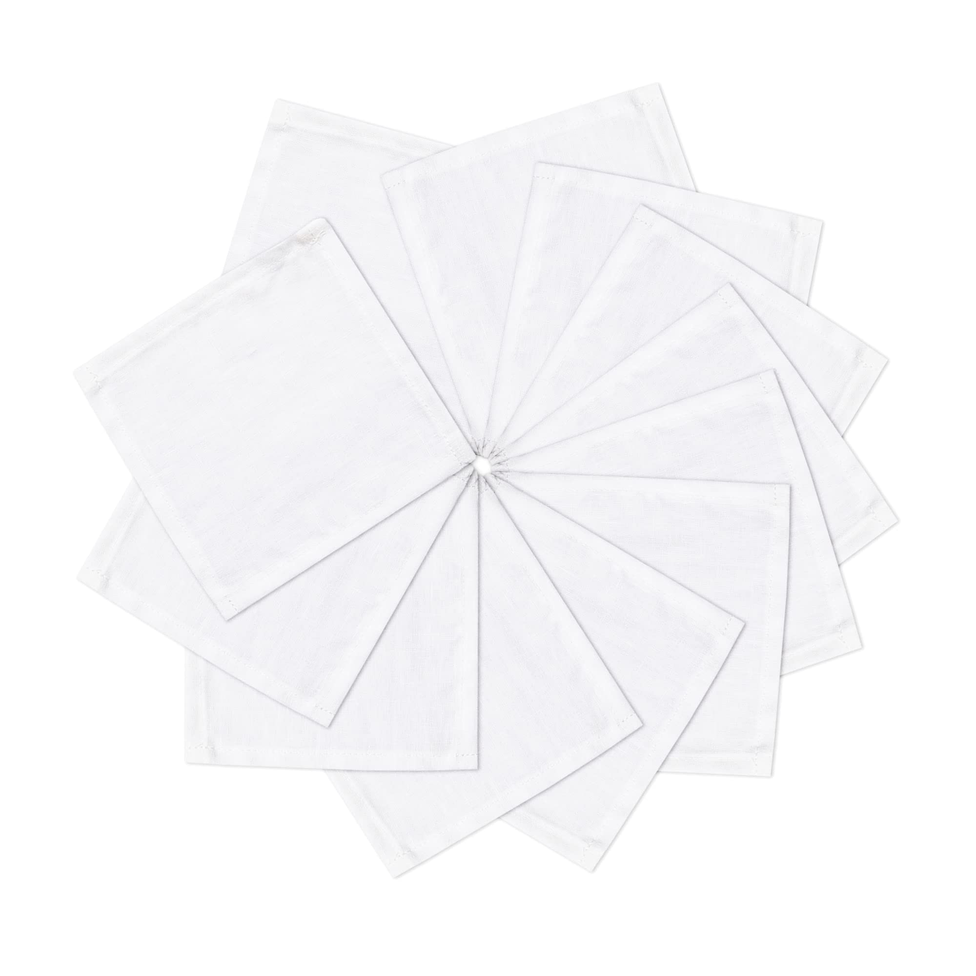 Linendo Cocktail Napkins 6 x 6 Inch White - 12 Pack, 100% Pure Linen Dinner Small Bar Napkin Cloth Coasters with Hemmed Edges, Durable&Washable, Perfect for Beverage, Party, Dessert, Coffee