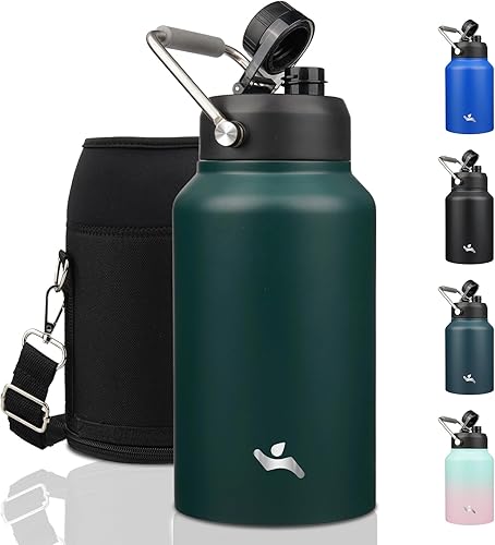 Miniatura 27 de Jarra de medio galón con asa, botella de agua aislada de 64 oz con bolsa de transporte, botella de metal de acero inoxidable de doble pared con Día